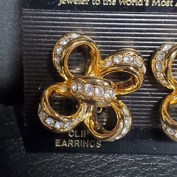 Kenneth J Lane KJL Gold Plated Bow Clip-On Earrings Rhinestone Floral Design - Picture 4 of 7